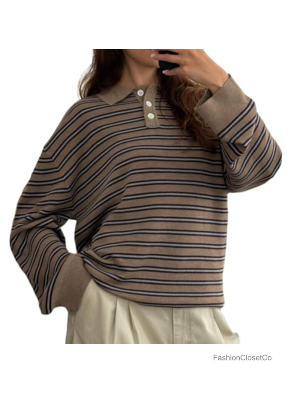 Women's Striped Polo Sweatshirt Knit Oversized Long Sleeve Button Lapel Collar